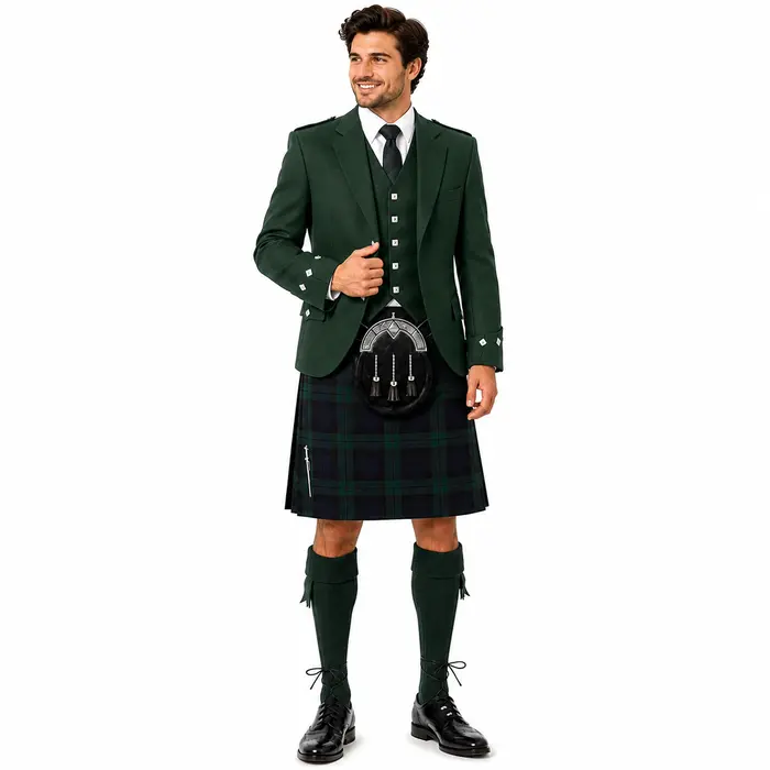 Custom Scottish Kilt Outfit with Dark Green Argyle Jacket