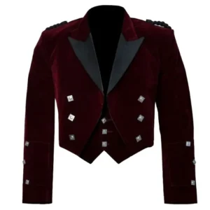 Scottish Red Velvet Prince Charlie Kilt Jacket With Vest